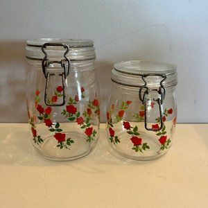 Vintage Arc Glass Canisters w Red Roses Unique